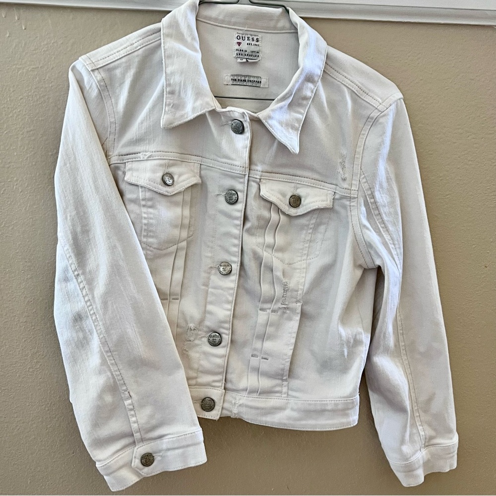 Guess White Denim Distressed Cropped Jacket The Diane Cropped Size M